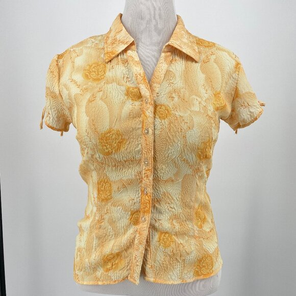 Unique Spectrum Tops - Vintage Y2K Unique Spectrum Crinkle Floral Shirt Ruched Tie Sleeve Orange M